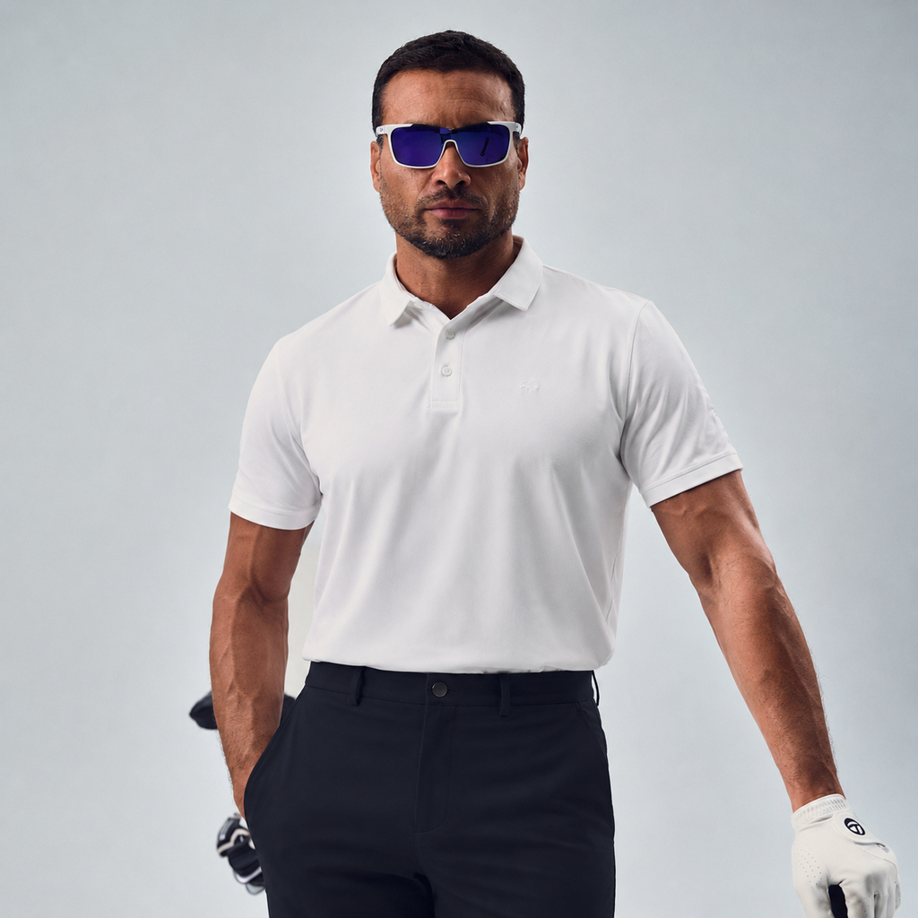 white bespoke polo custom-fit model chad in white