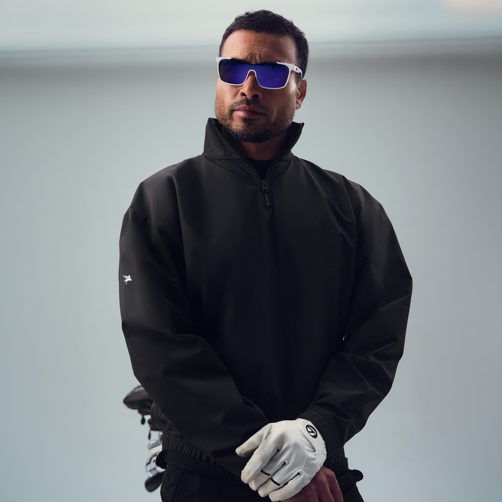 bespoke custom-fit golf nylon rain shell water resistant wind breaker quarter zip model chad in black