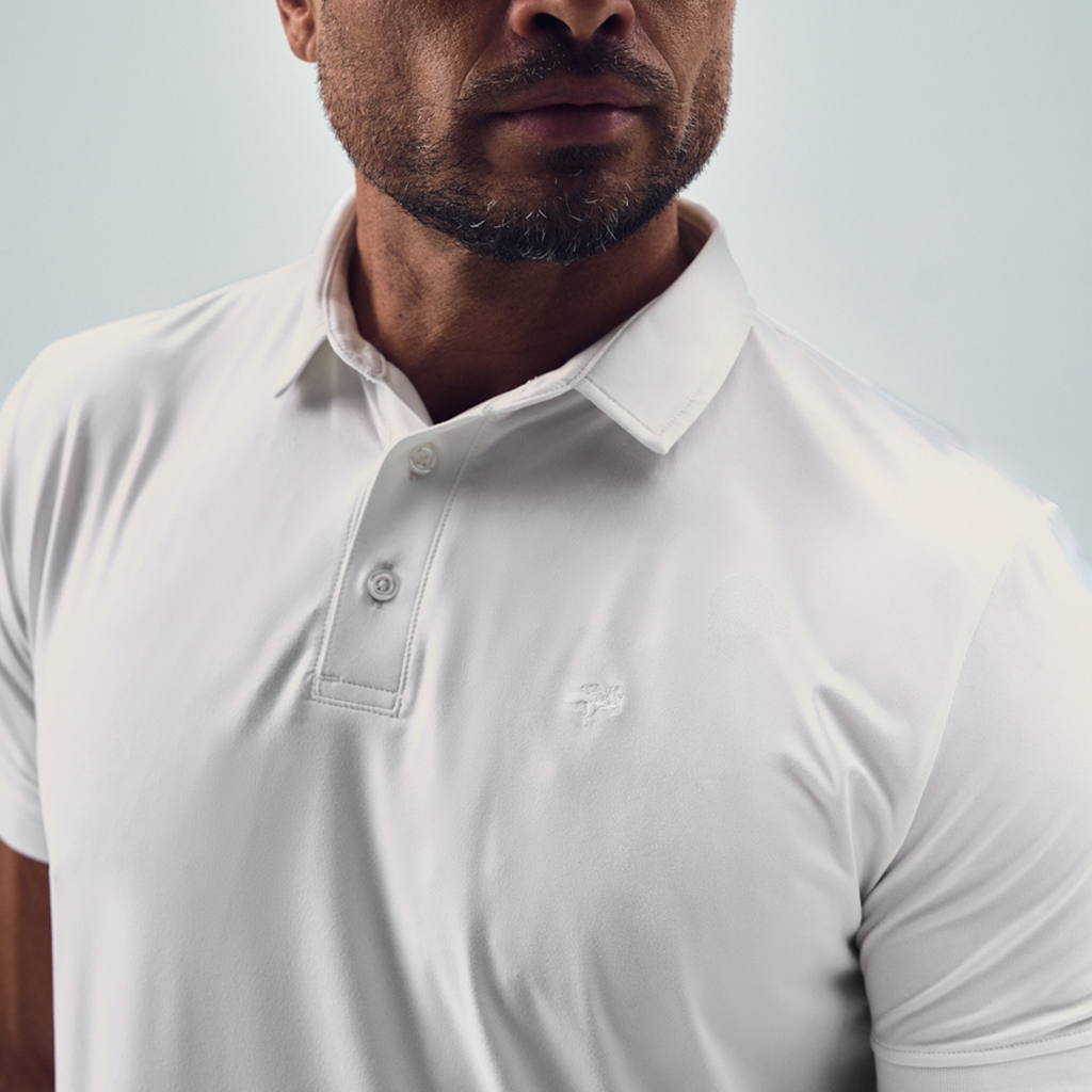 white bespoke polo custom-fit model chad in white
