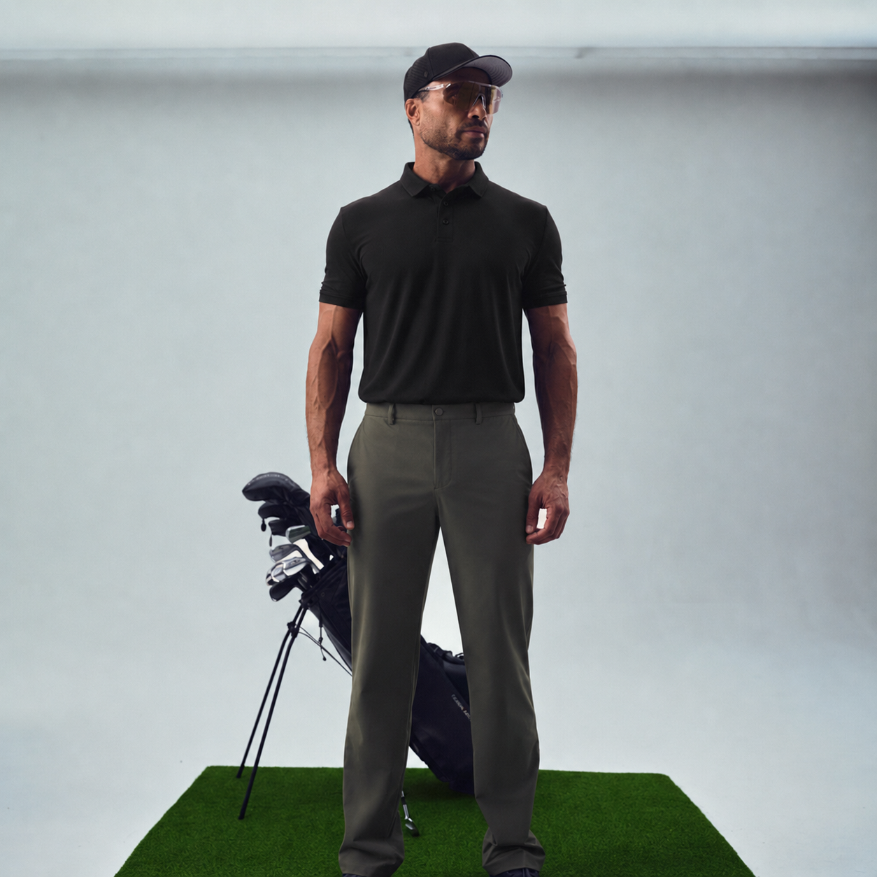 Black polo shirt model chad in black