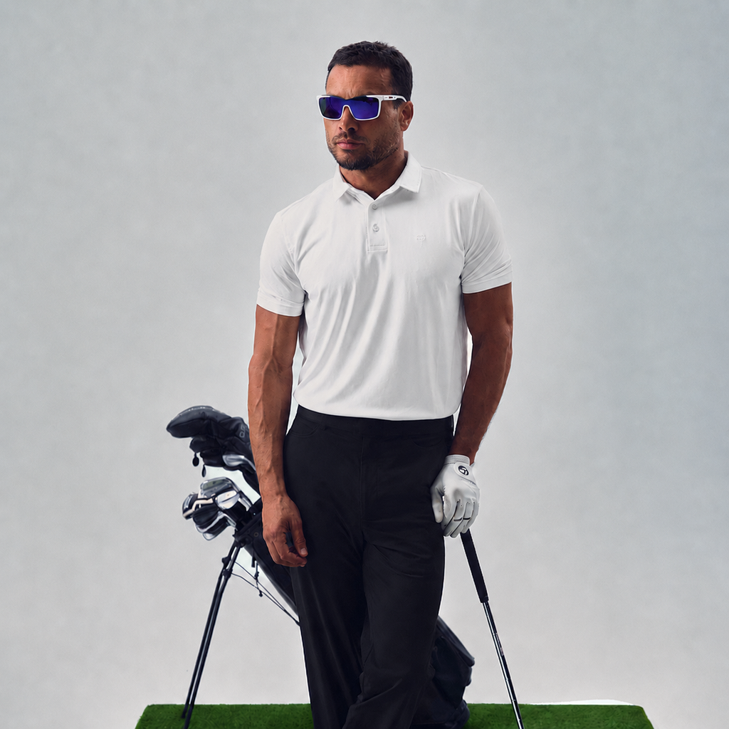 white bespoke polo custom-fit model chad in white