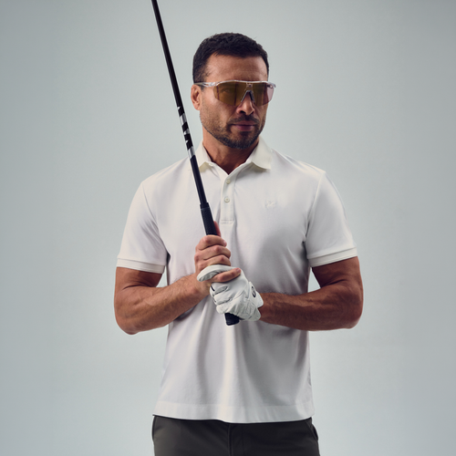 chad wearing bespoke golf polo model chad in white