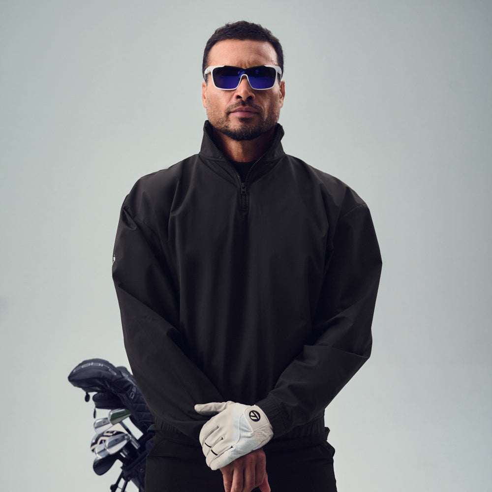 bespoke custom-fit golf nylon rain shell water resistant wind breaker quarter zip model chad in black