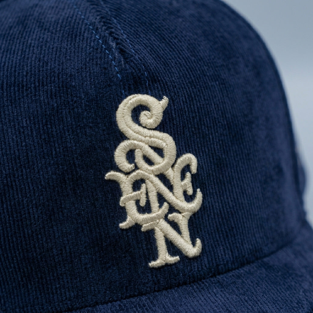 Sene Corduroy Monogram Hat in Navy
