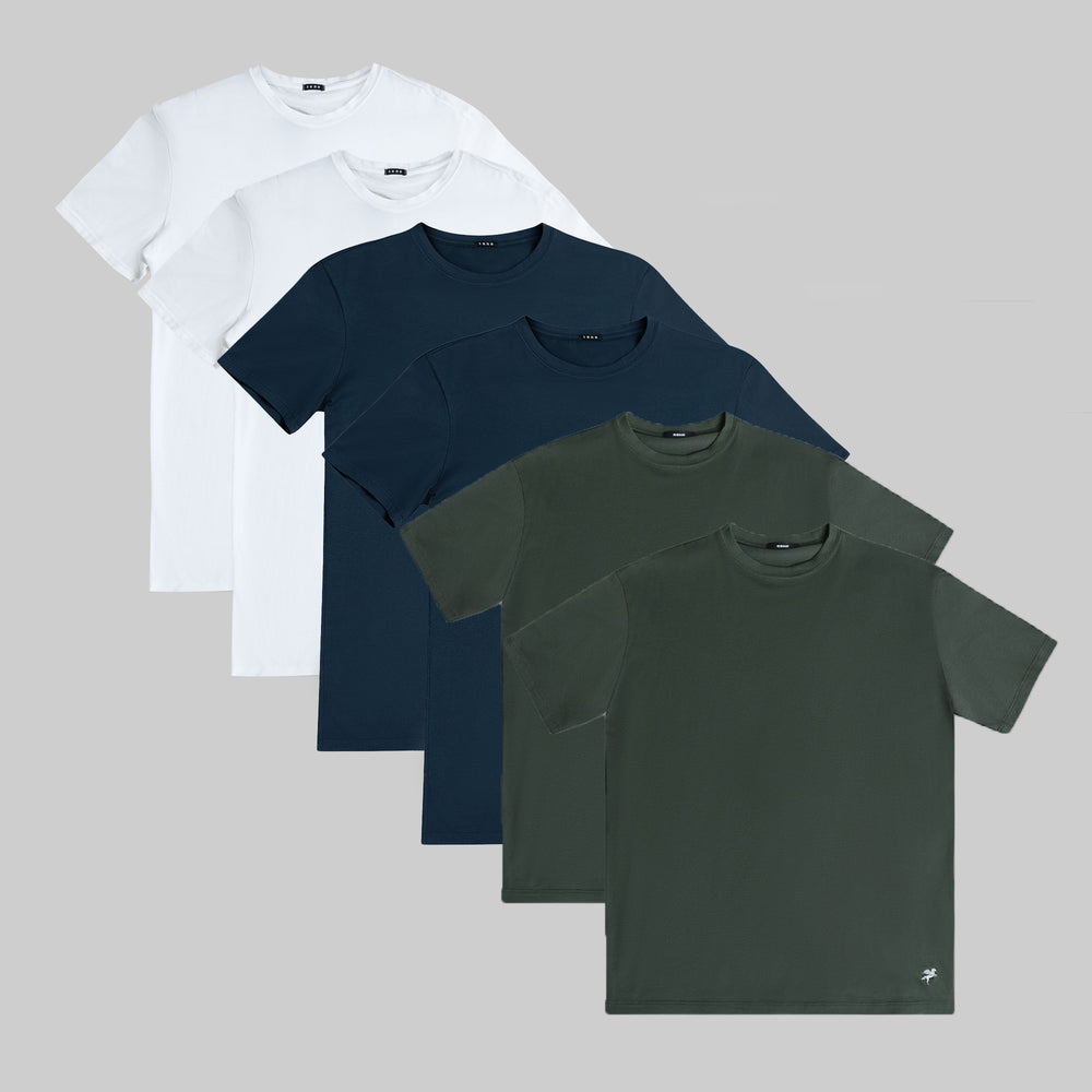 Five t-shirts in white, navy, and green on a gray background.