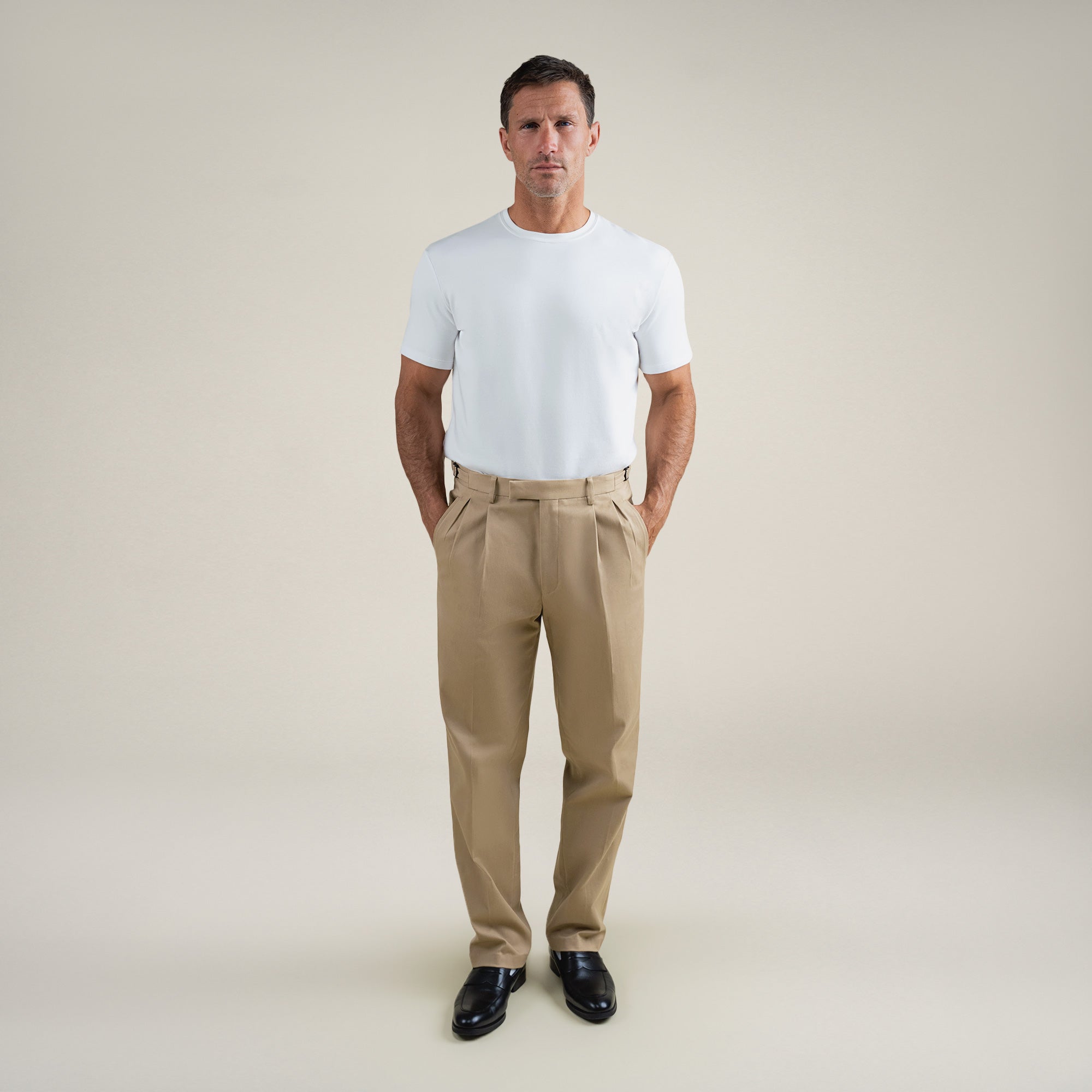 bespoke custom trousers pant chino performance technical model Tyler in Khaki