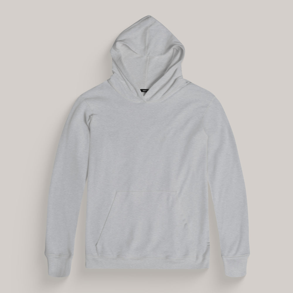 Light grey hoodie on a plain background.
