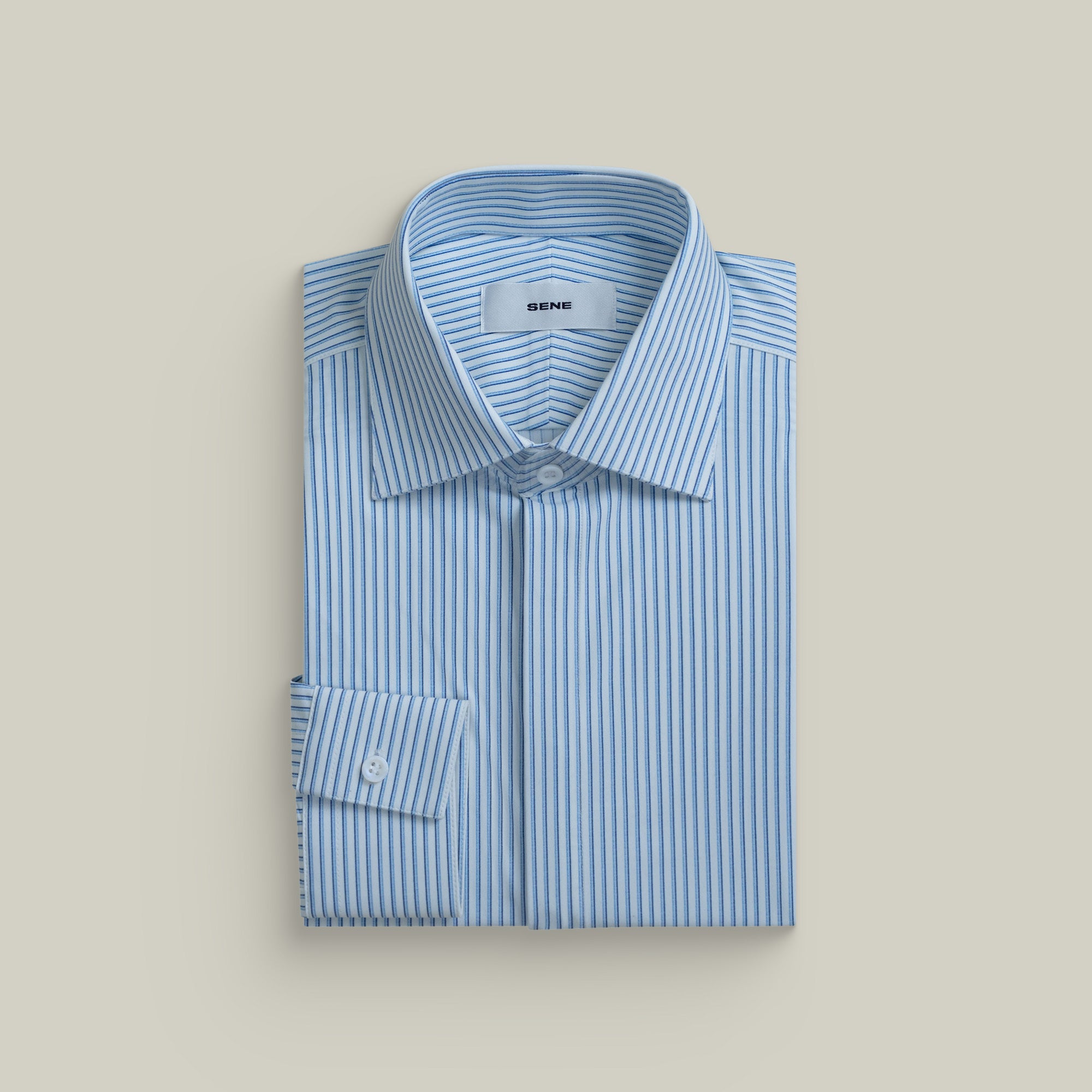 Custom Bespoke Tailored Spread Shirt model Guillermo in Milan Micro Stripe