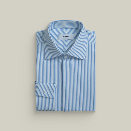 Custom Bespoke Tailored Spread Shirt model Guillermo in Milan Micro Stripe