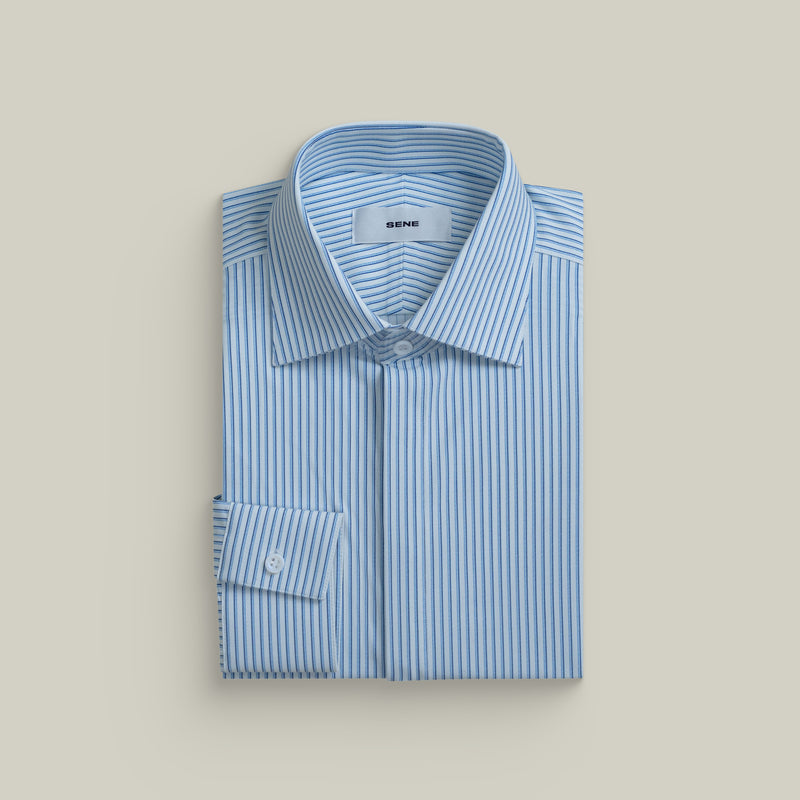 Custom Bespoke Tailored Spread Shirt model Guillermo in Milan Micro Stripe