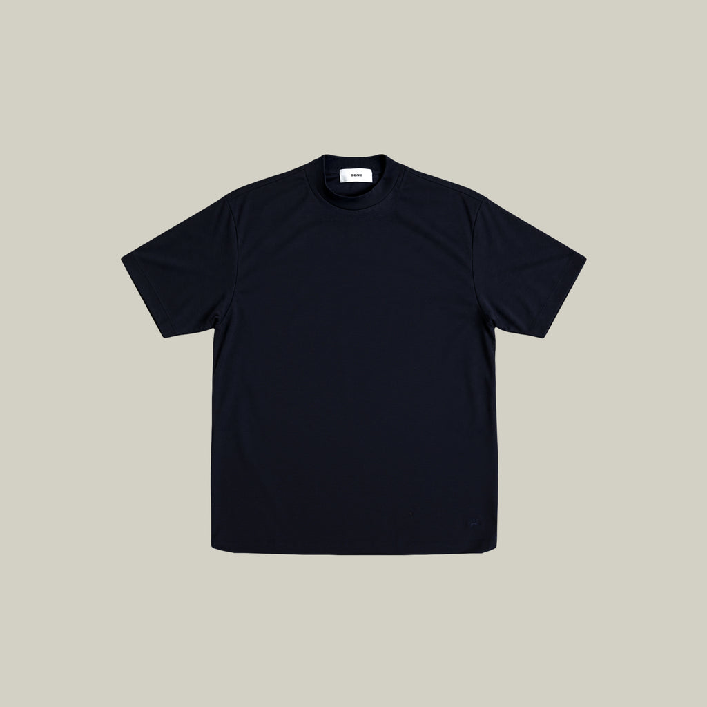 Pima Reserve Mock Neck T-Shirt model Guillermo in Navy
