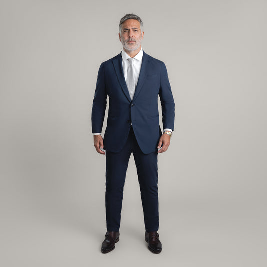 Tags:(5'11"|176 lbs) Bespoke custom athleisure technical men's suit los angeles model Guillermo in Navy