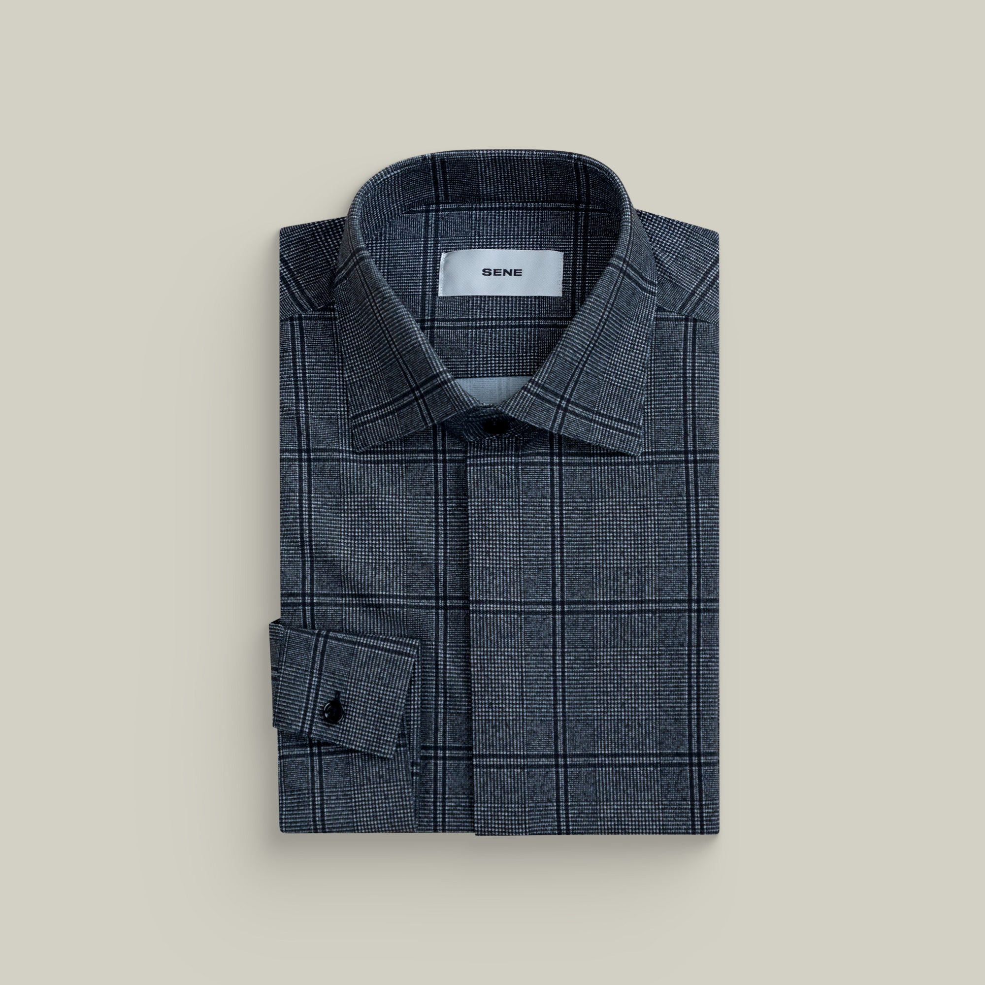 Custom Bespoke Tailored Spread Shirt model Guillermo in Charcoal Glen Check