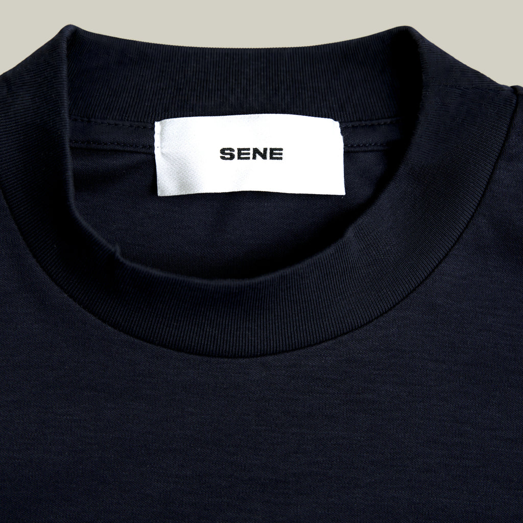 Pima Reserve Mock Neck T-Shirt model Guillermo in Navy