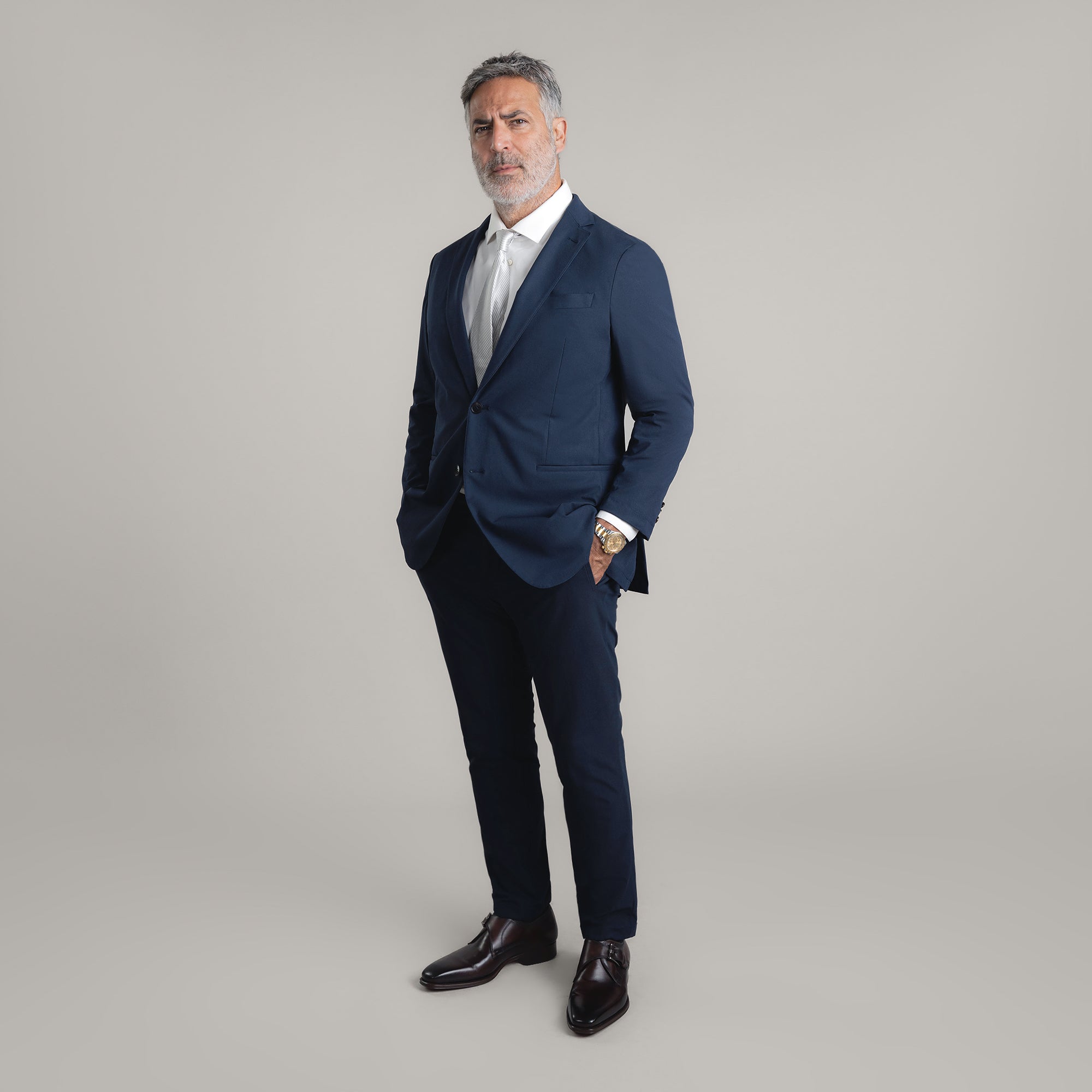 Tags:(5'11"|176 lbs) Bespoke custom athleisure technical men's suit los angeles model Guillermo in Navy