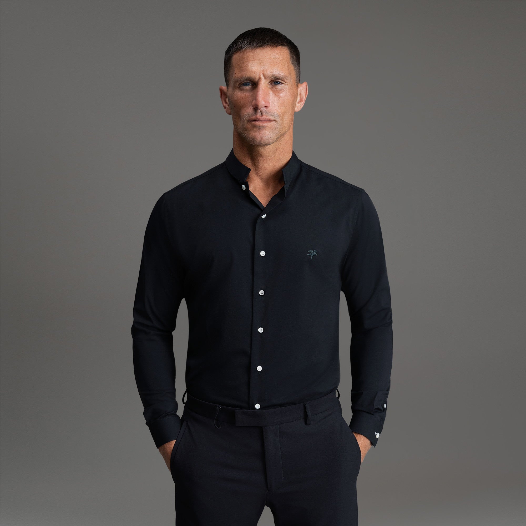 Custom Bespoke Tailored Dorsey Shirt model Tyler in Black Emblem