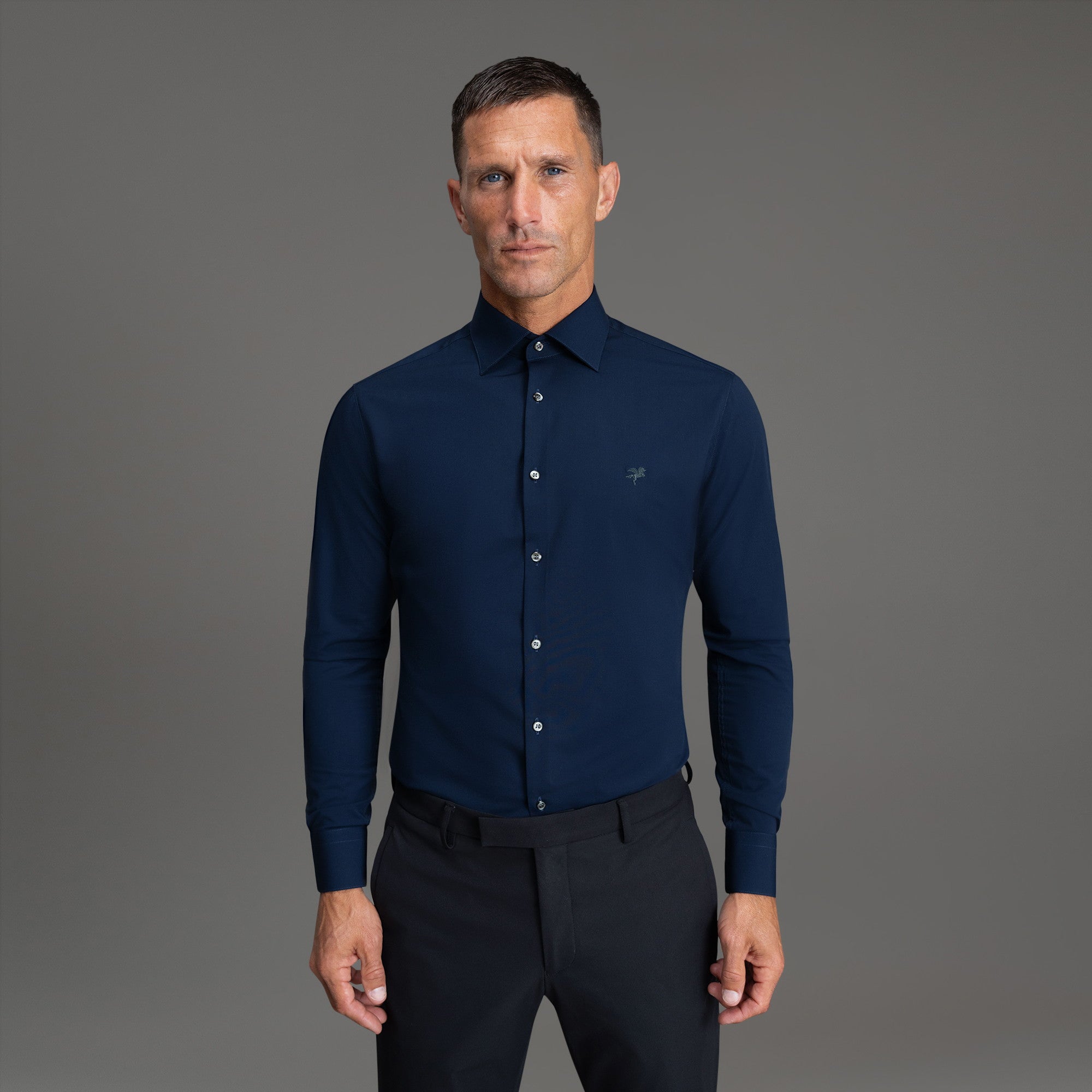 Custom Bespoke Tailored Spread Shirt model Tyler in Navy Emblem