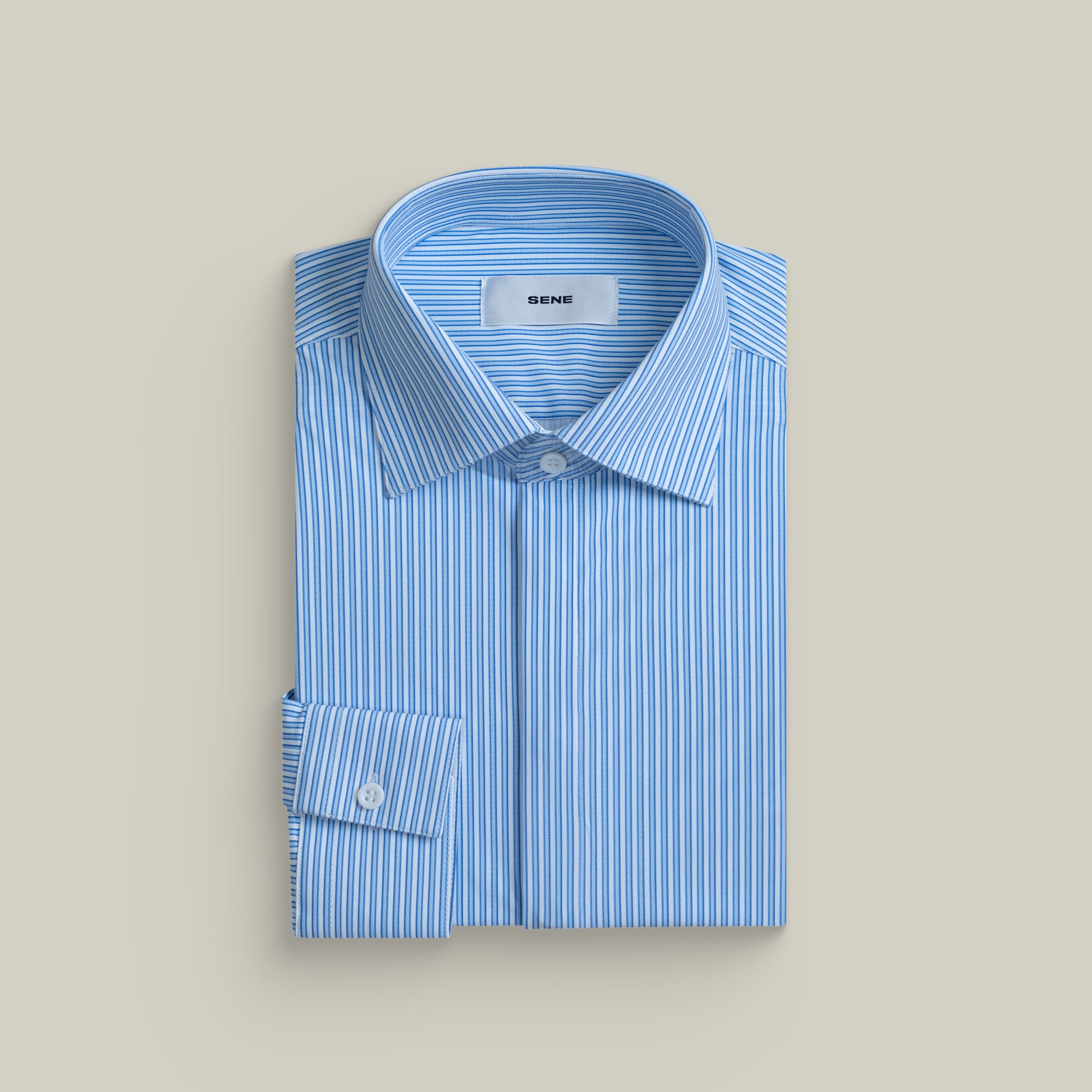 Custom Bespoke Tailored Spread Shirt model Guillermo in Sky Blue Micro Stripe