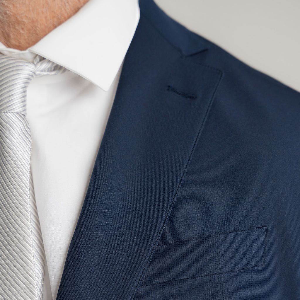 Tags:(5'11"|176 lbs) Bespoke custom athleisure technical men's suit los angeles model Guillermo in Navy