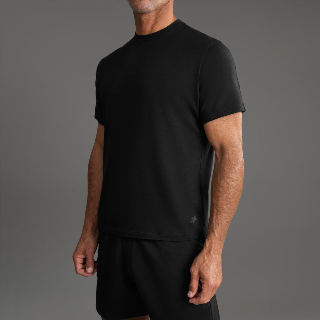 Six t-shirts in Black, Deep Sea, Moss, Umber, Frost Gray, and White on a beige background model Tyler in Best-Seller