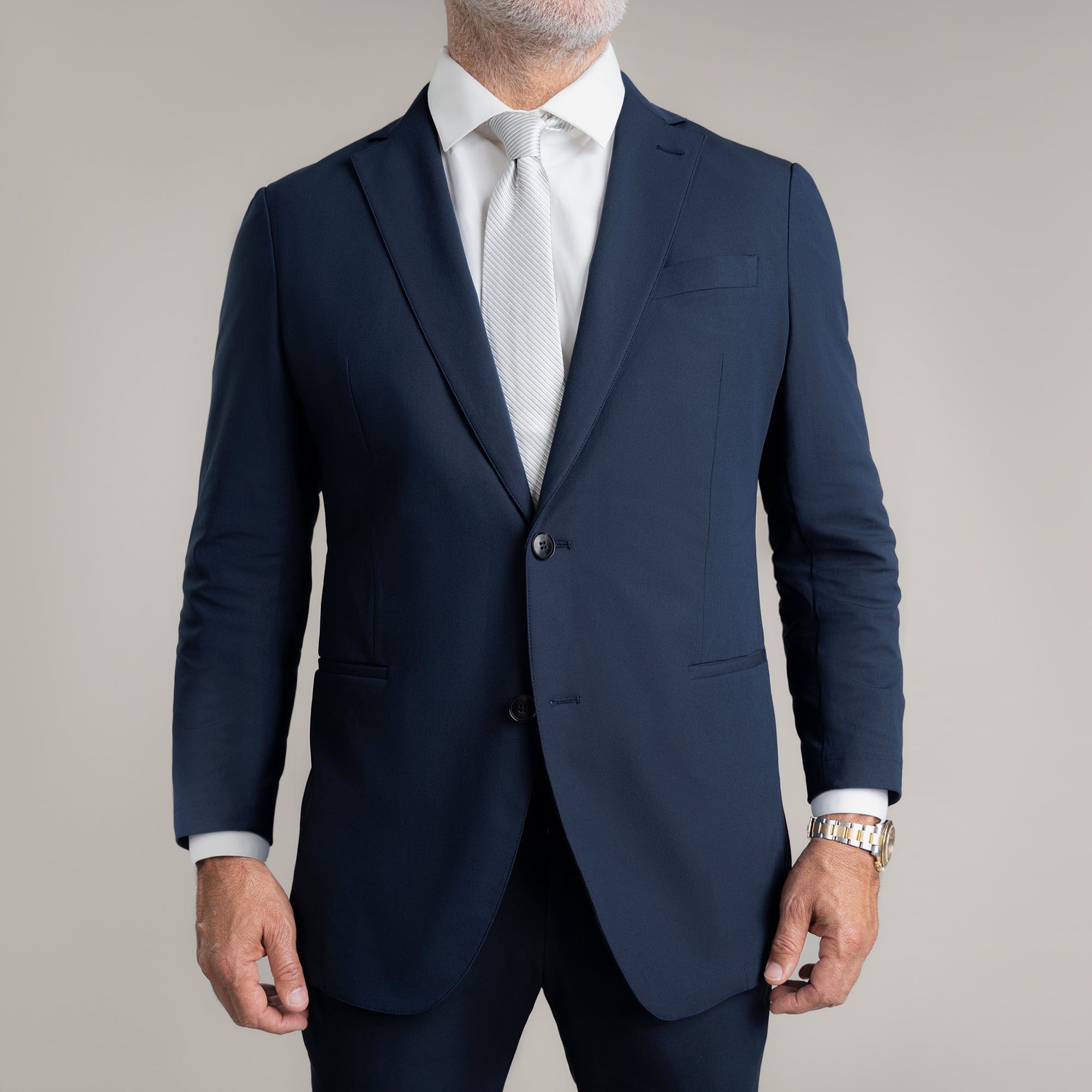 Tags:(5'11"|176 lbs) Bespoke custom athleisure technical men's suit los angeles model Guillermo in Navy
