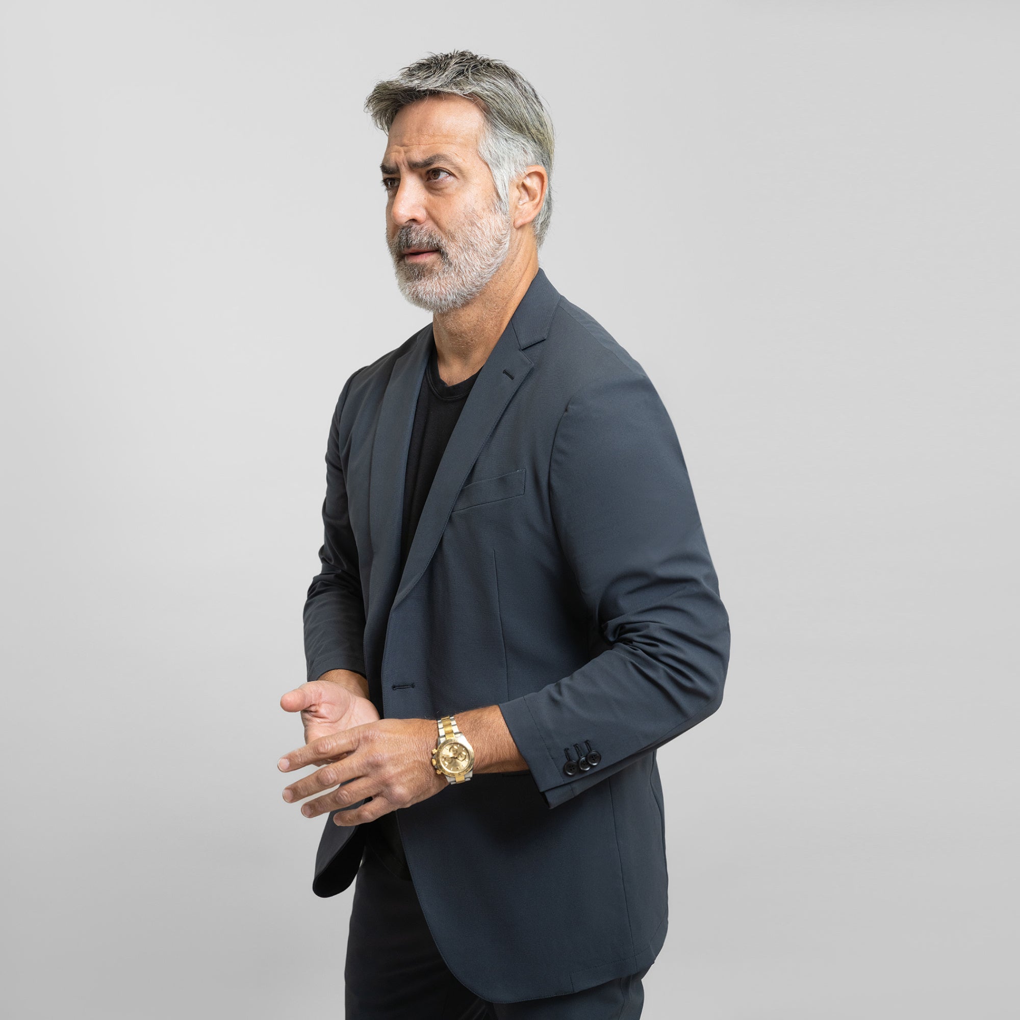 Tags:(5'11"|176 lbs) Bespoke custom athleisure technical men's suit los angeles model Guillermo in Charcoal