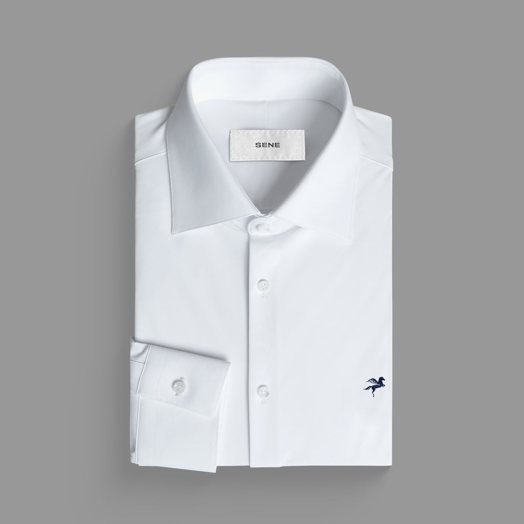 Custom Bespoke Tailored Spread Shirt model Tyler in White Emblem