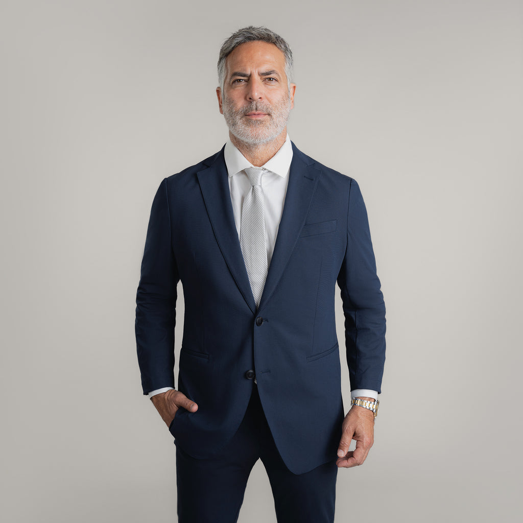 Tags:(5'11"|176 lbs) Bespoke custom athleisure technical men's suit los angeles model Guillermo in Navy