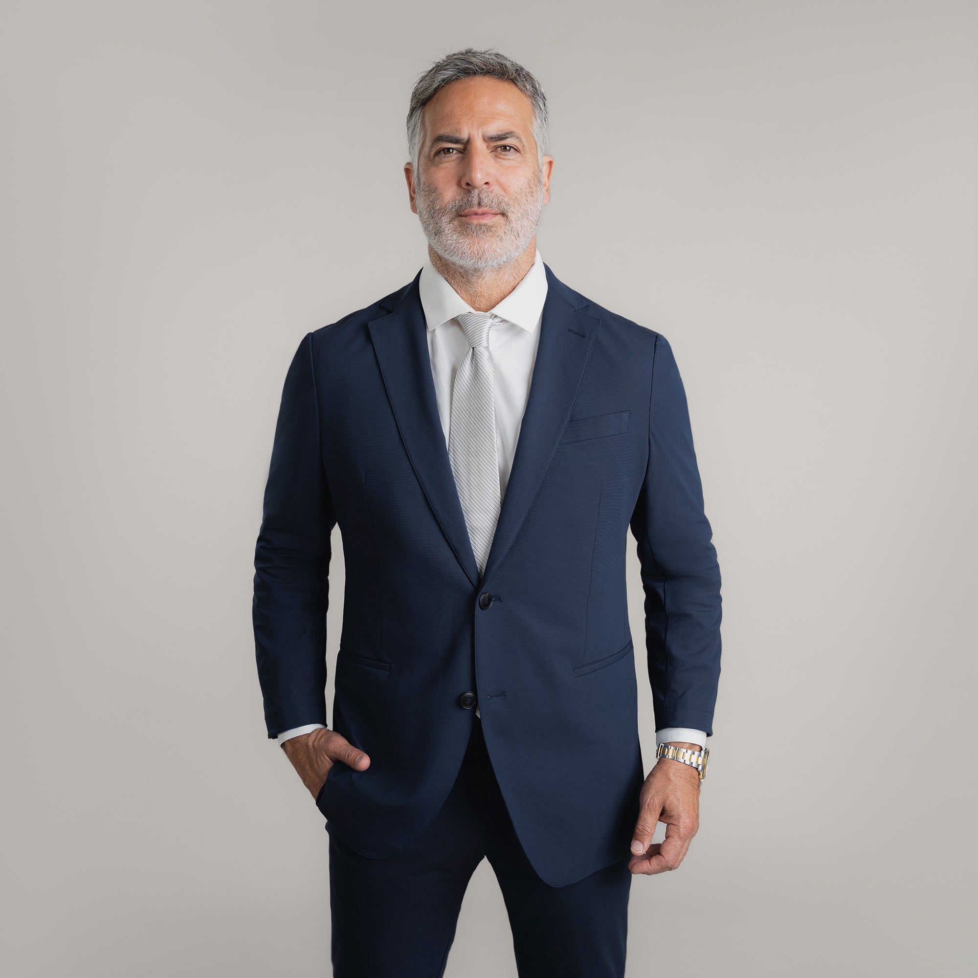 Tags:(5'11"|176 lbs) Bespoke custom athleisure technical men's suit los angeles model Guillermo in Navy