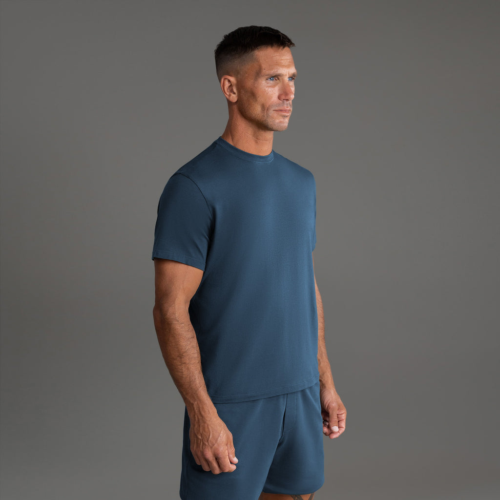 Ten t-shirts in Black, Deep Sea, Moss, Umber, Frost Gray, and White on a beige background model Tyler in Best-Seller