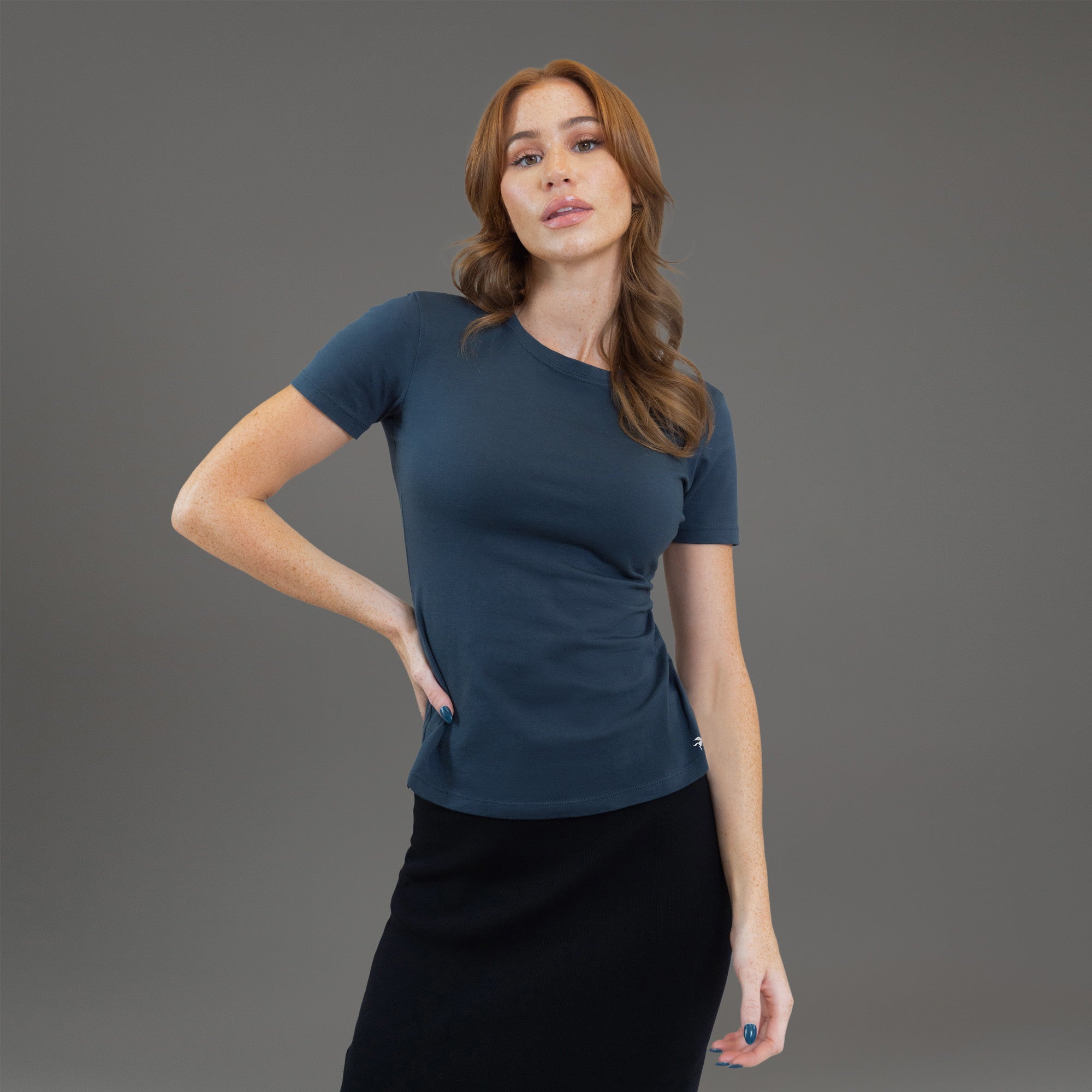 custom women's sizeless t-shirt model Kelsey in Deep Sea