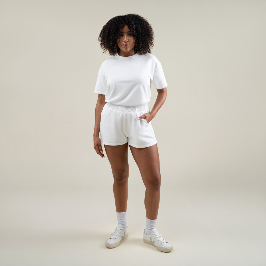 Custom shorts model Melissa in White