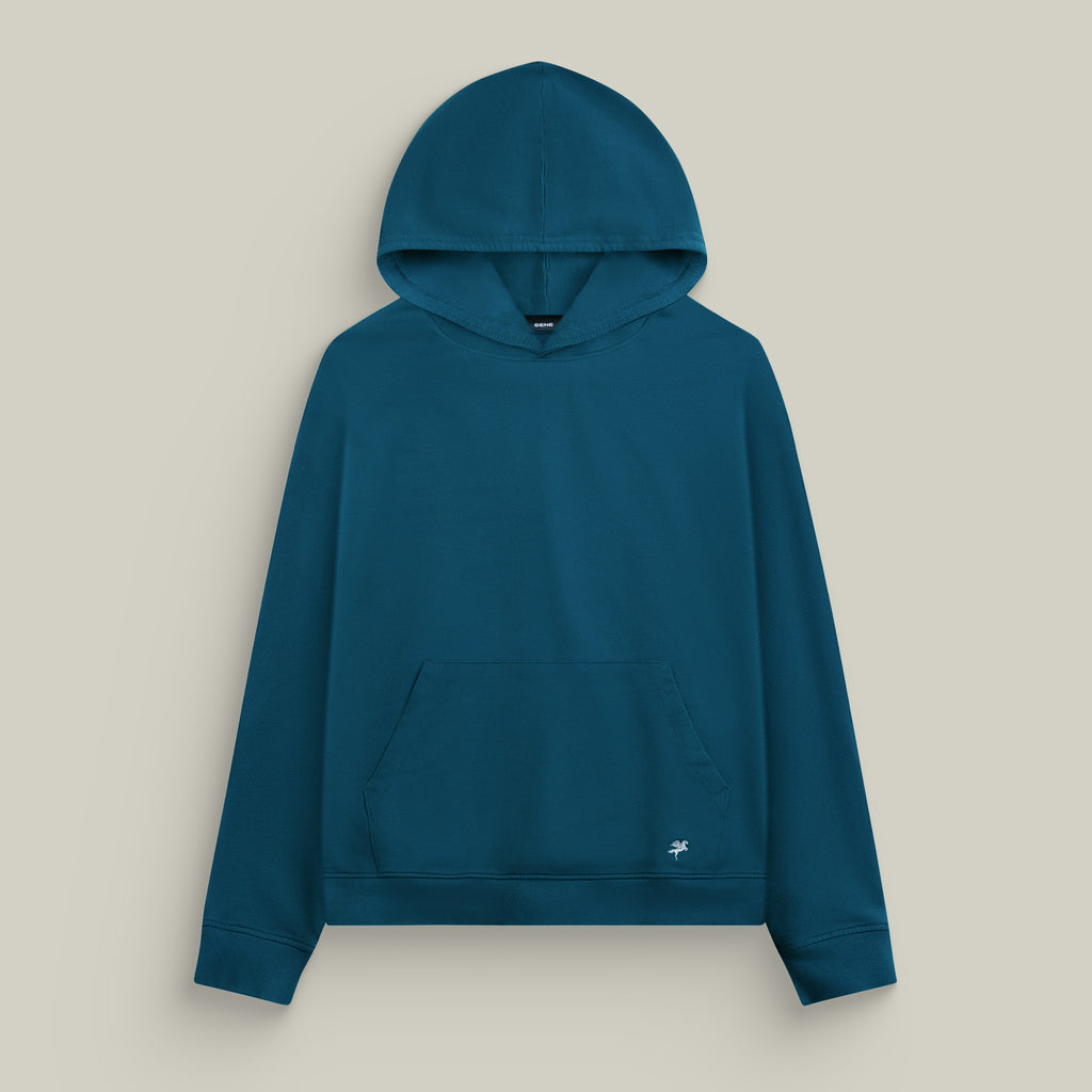 Terry Fleece Court Hoodie model Matteo in Poseidon