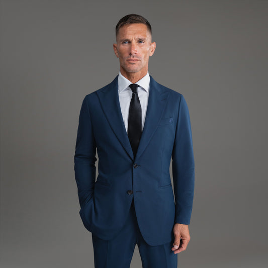 Custom Peak Lapel Tuxedo model Tyler in Nautical Blue