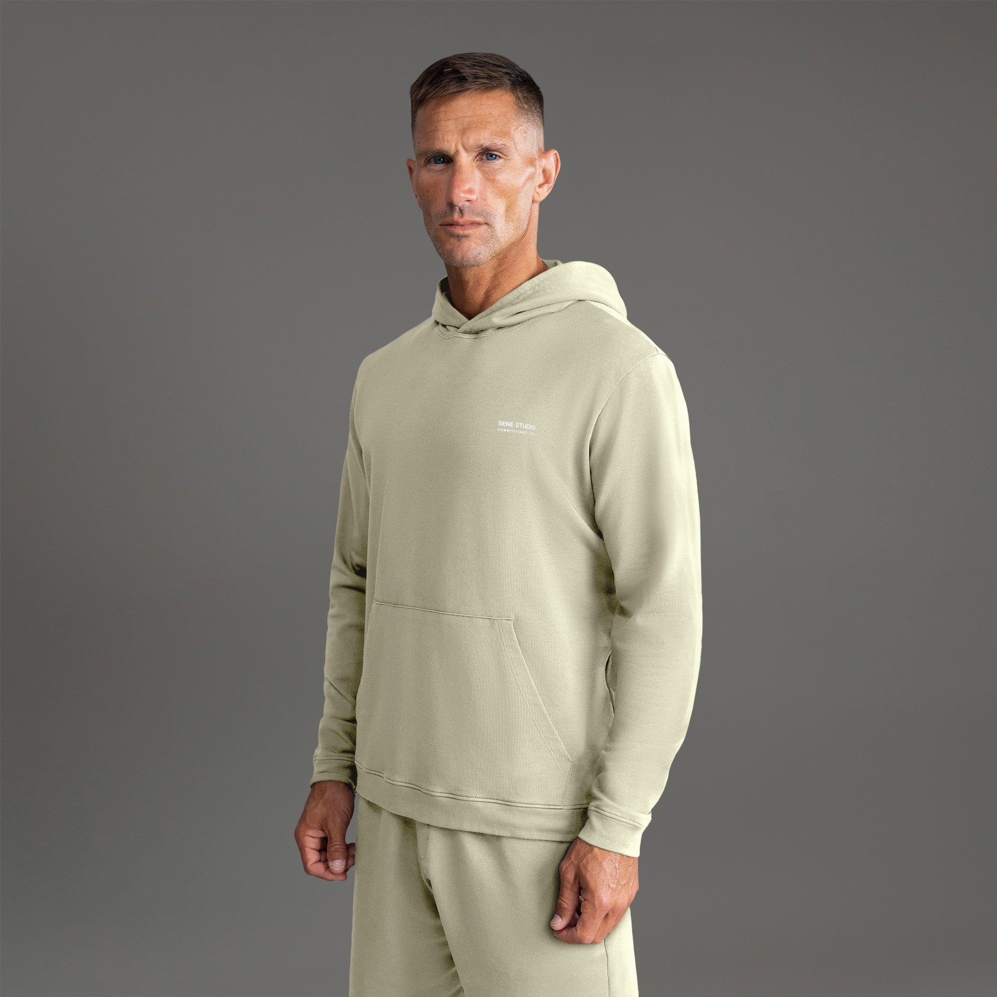 men's custom hoodie model Tyler in Mist