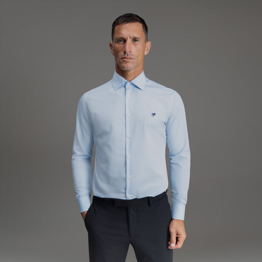 Custom Bespoke Tailored Spread Shirt model Tyler in Light Blue Emblem