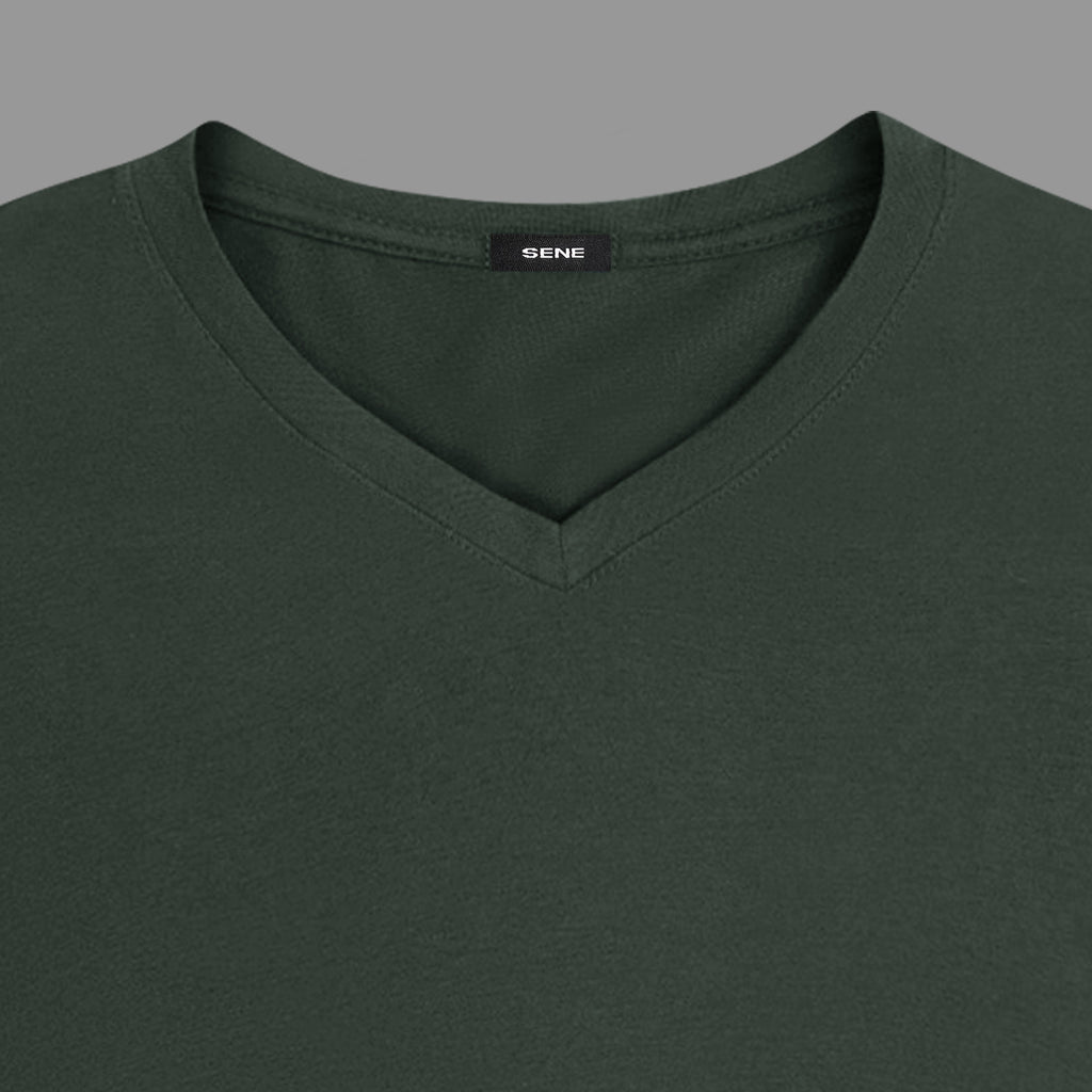custom v-neck t-shirt los angeles model Glen in Moss