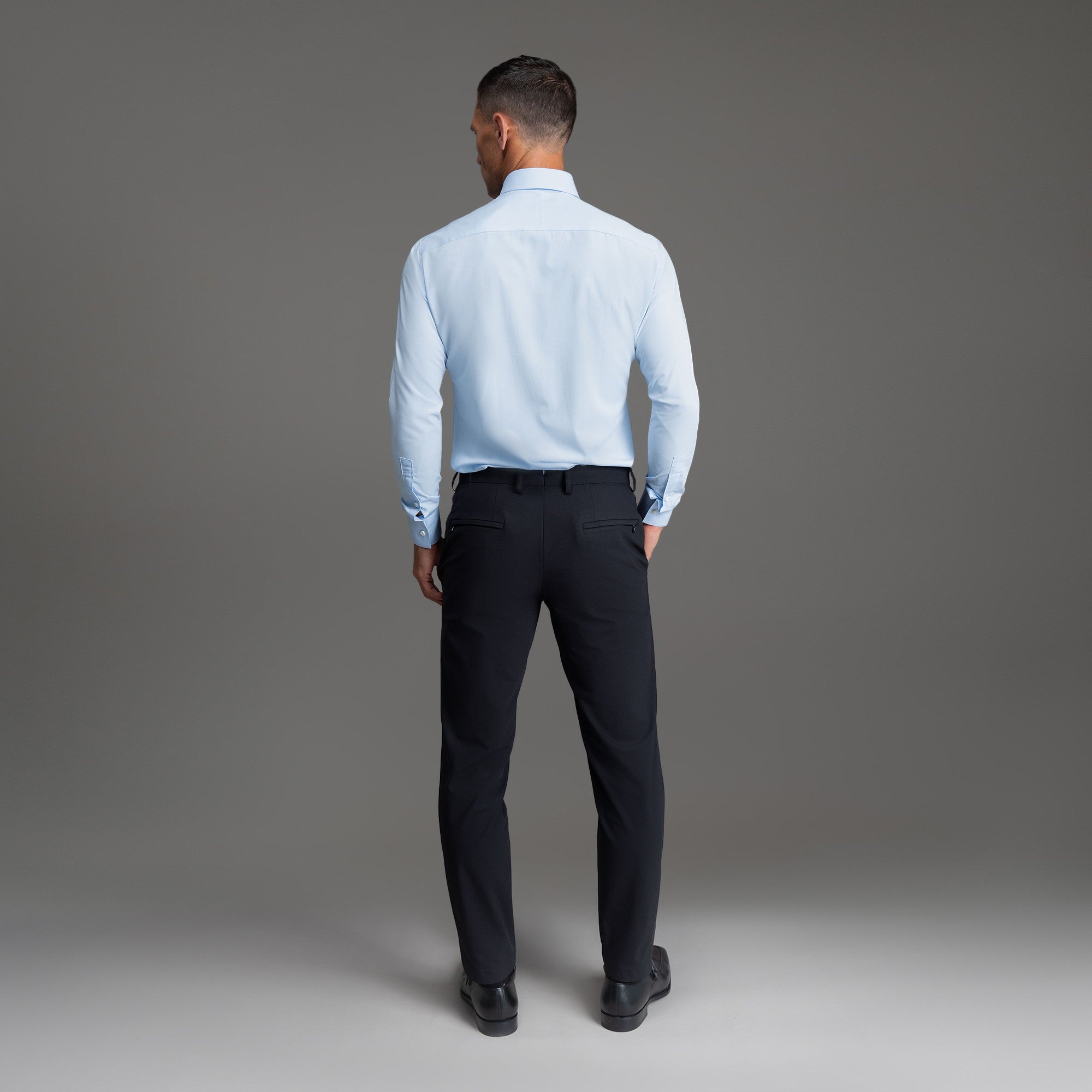 Custom Bespoke Tailored Spread Shirt model Tyler in Light Blue Emblem