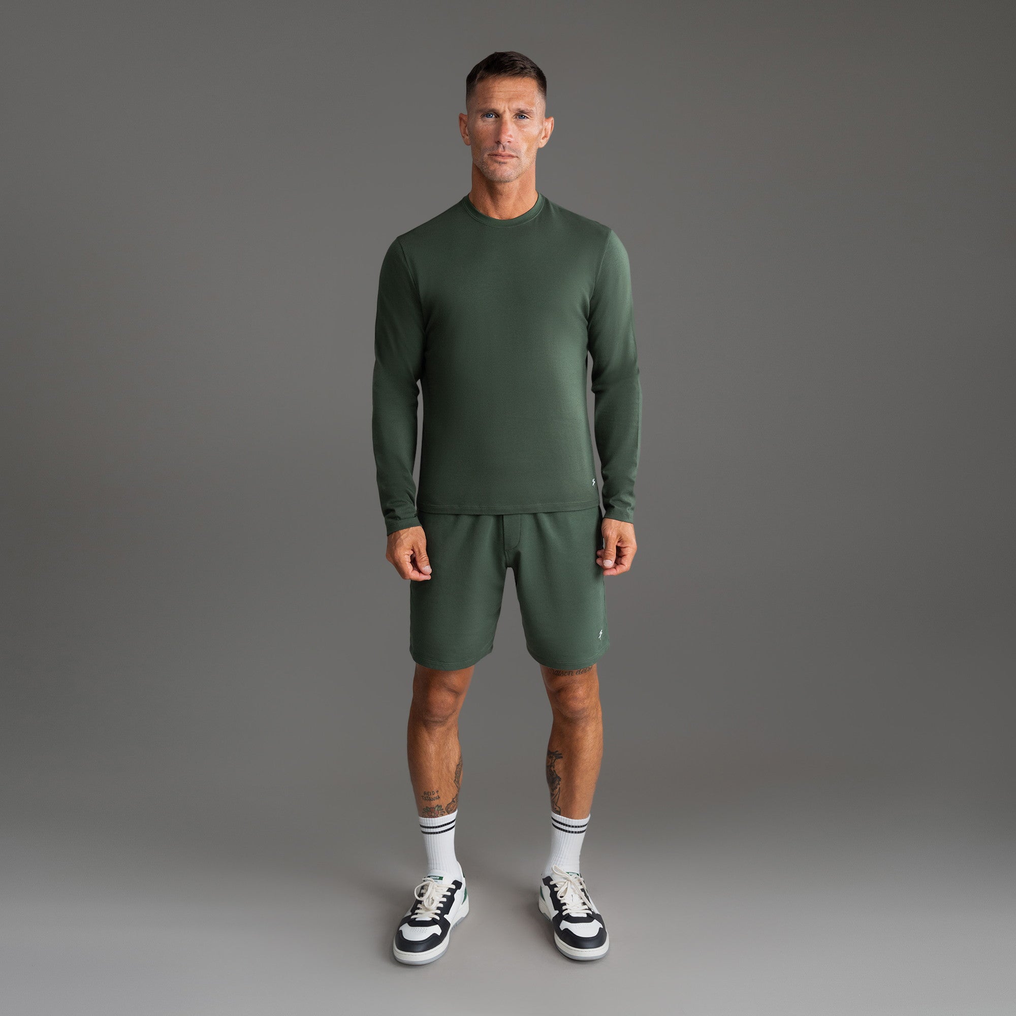 Tags:(6'0" - 180 lbs|Medium) Custom longsleeve t-shirt on model Tyler in Moss