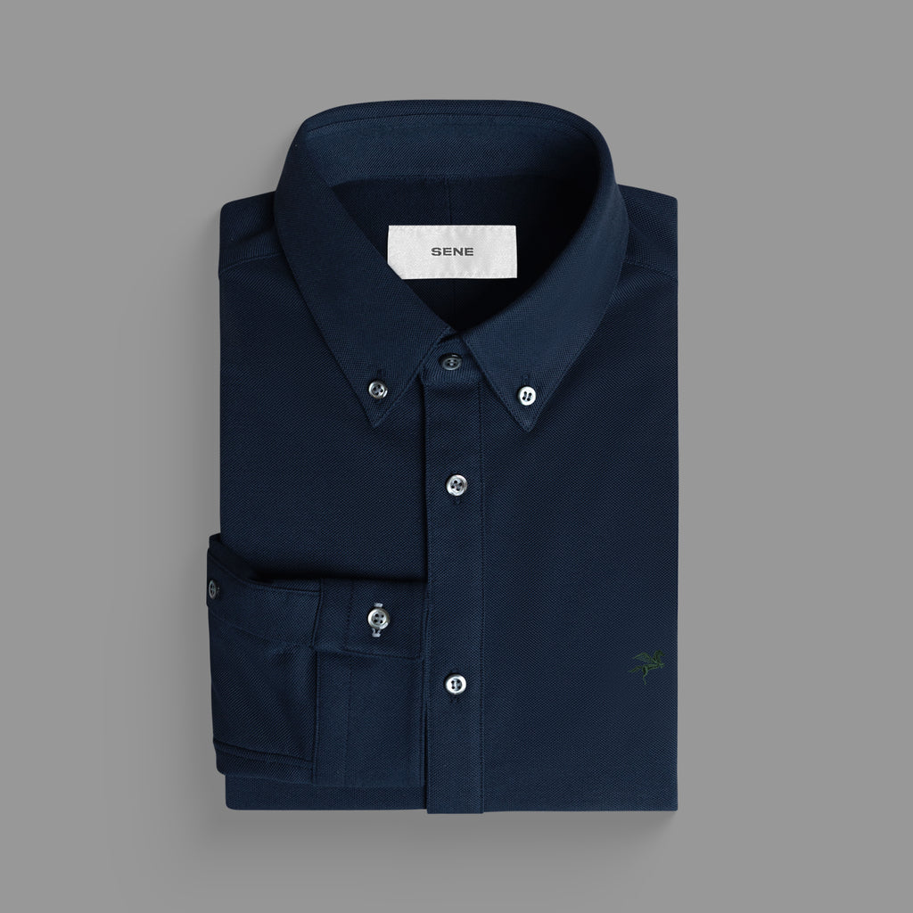 Custom Bespoke Tailored Spread Shirt model Tyler in Navy Emblem