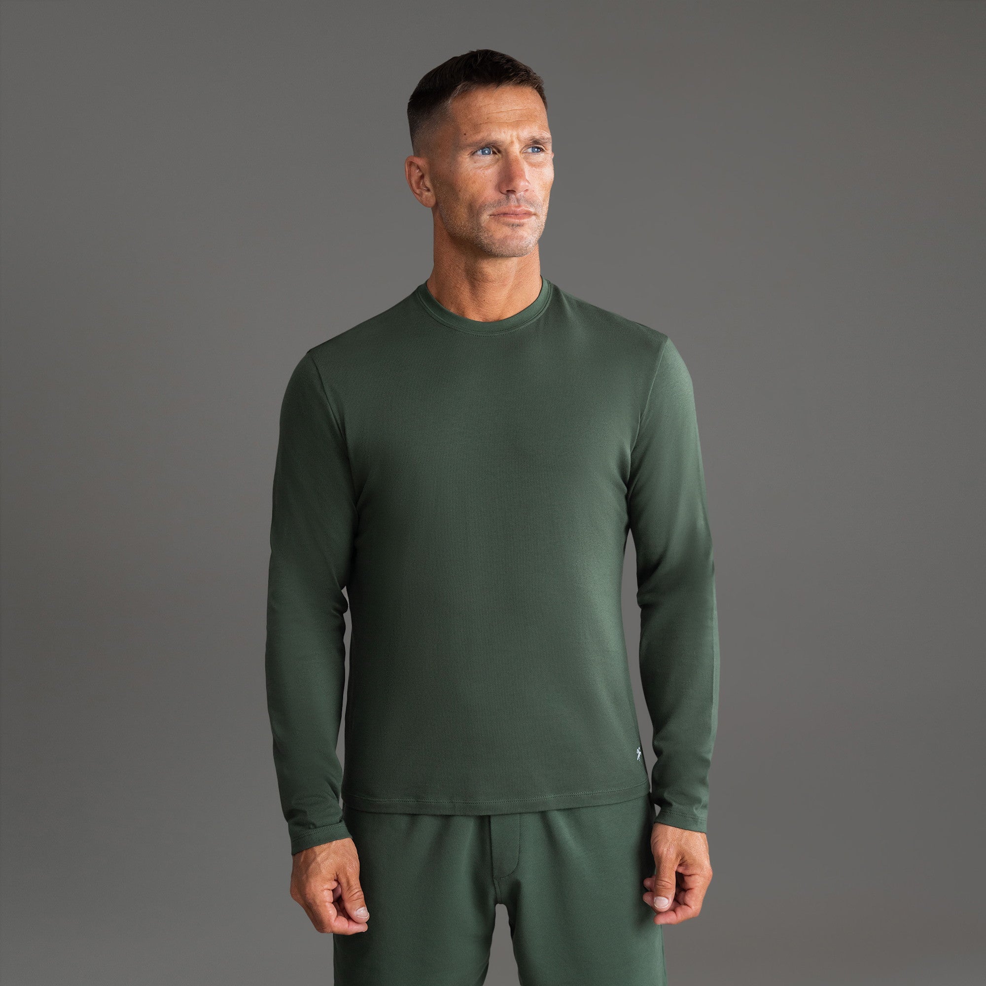 Tags:(6'0" - 180 lbs|Medium) Custom longsleeve t-shirt on model Tyler in Moss