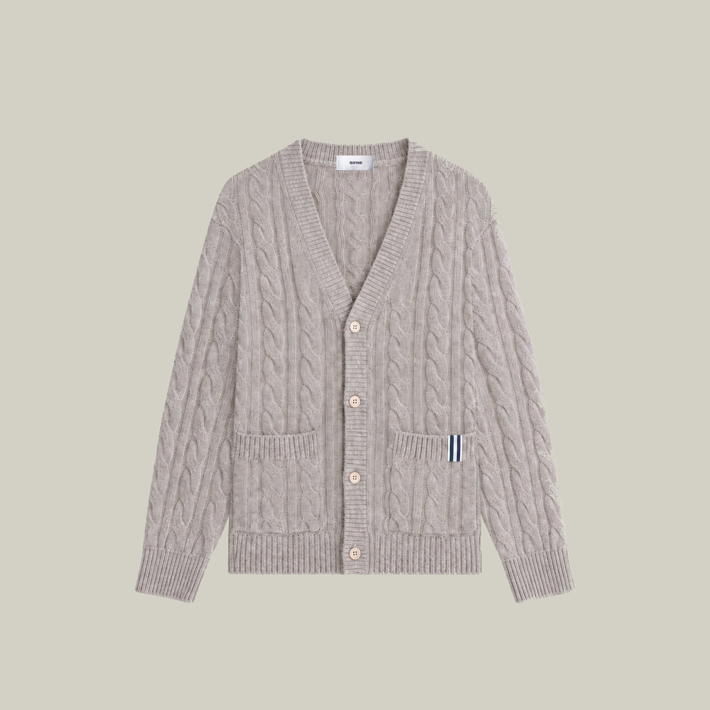 Knit Rib Cardigan model Tyler in Sandstone
