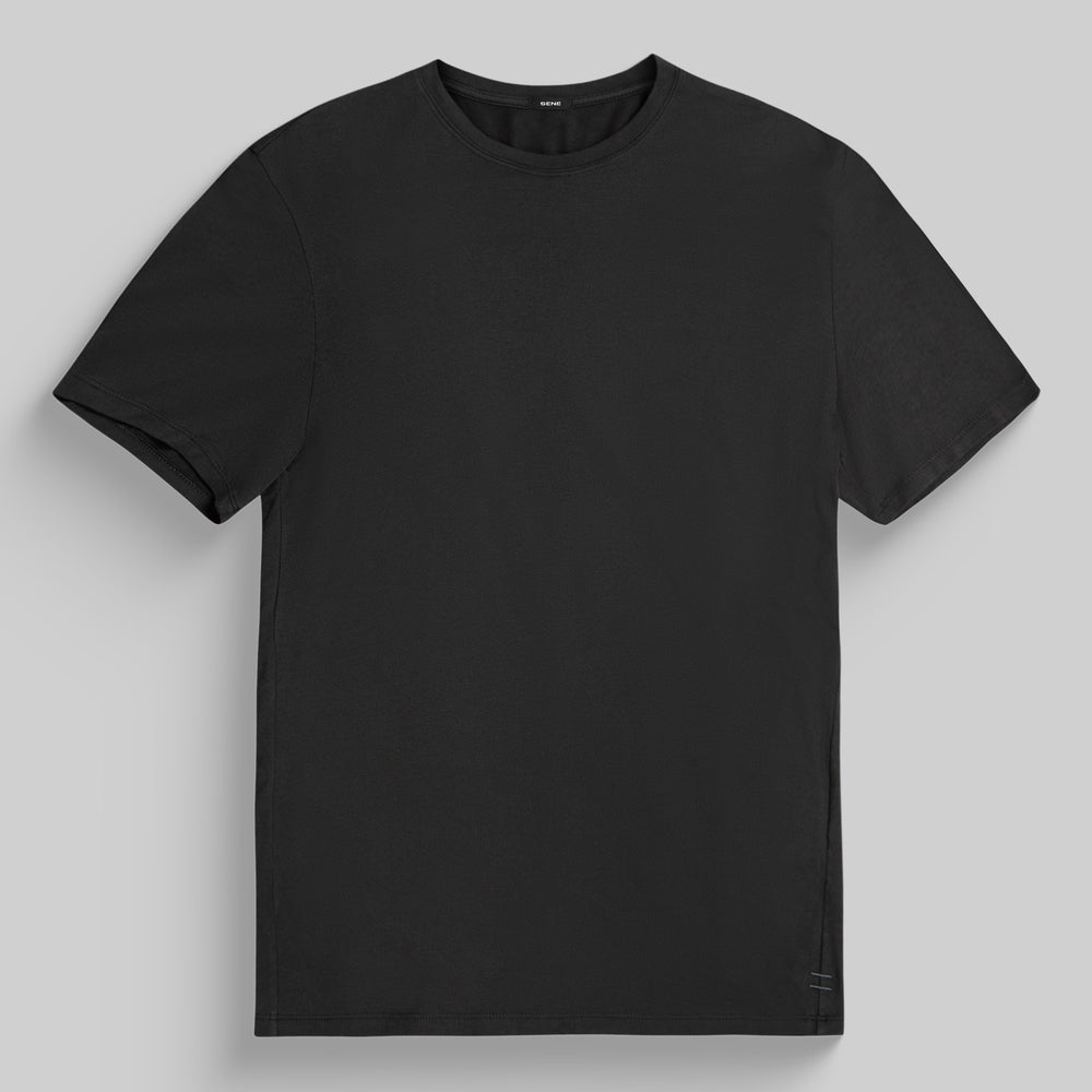 Black t-shirt on a plain background.