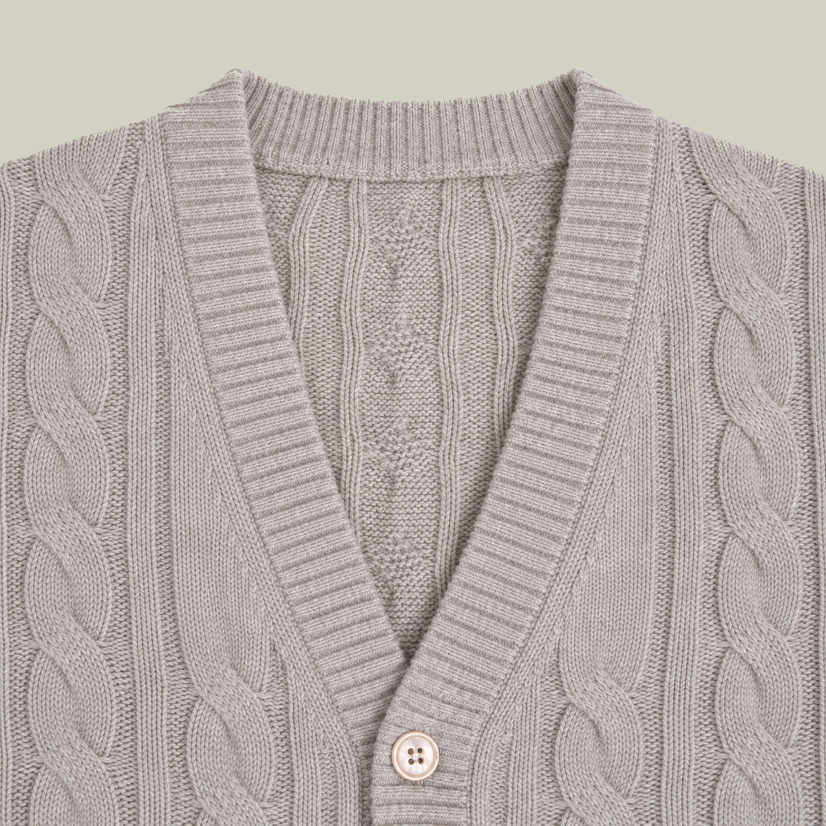 Knit Rib Cardigan model Tyler in Sandstone