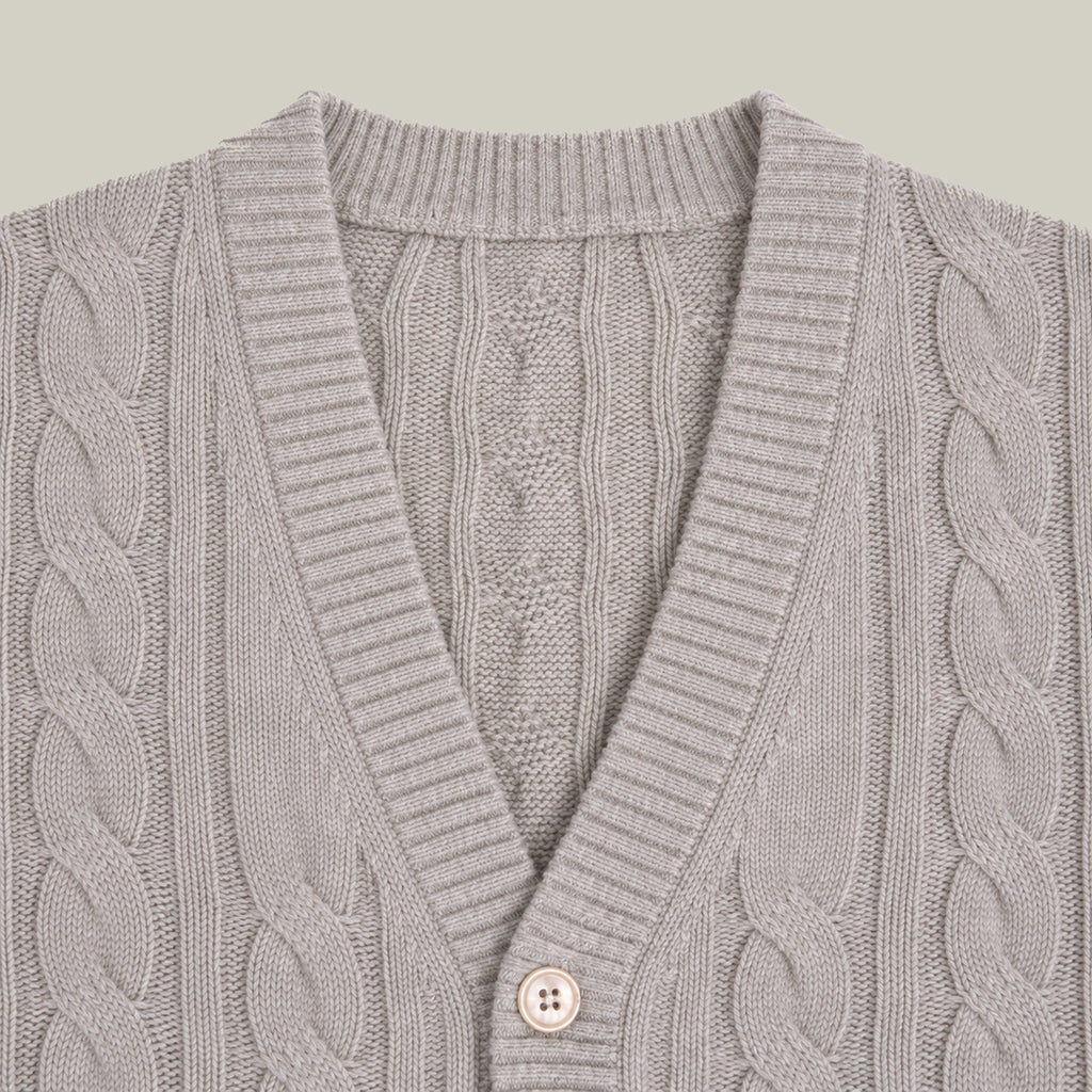 Knit Rib Cardigan model Tyler in Sandstone