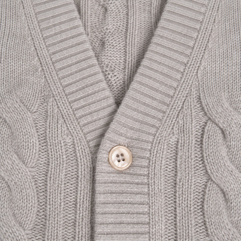 Knit Rib Cardigan model Tyler in Sandstone