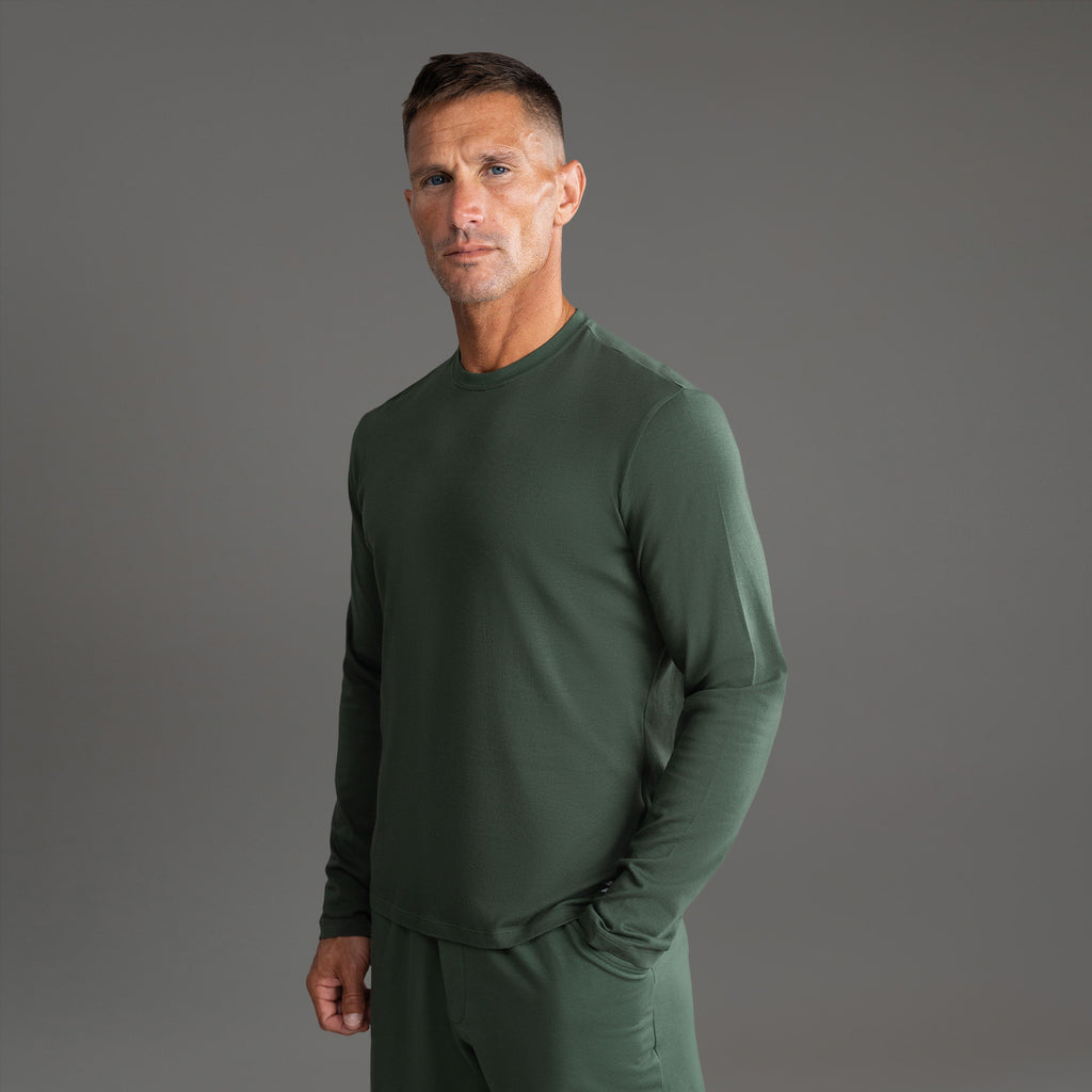 Tags:(6'0" - 180 lbs|Medium) Custom longsleeve t-shirt on model Tyler in Moss