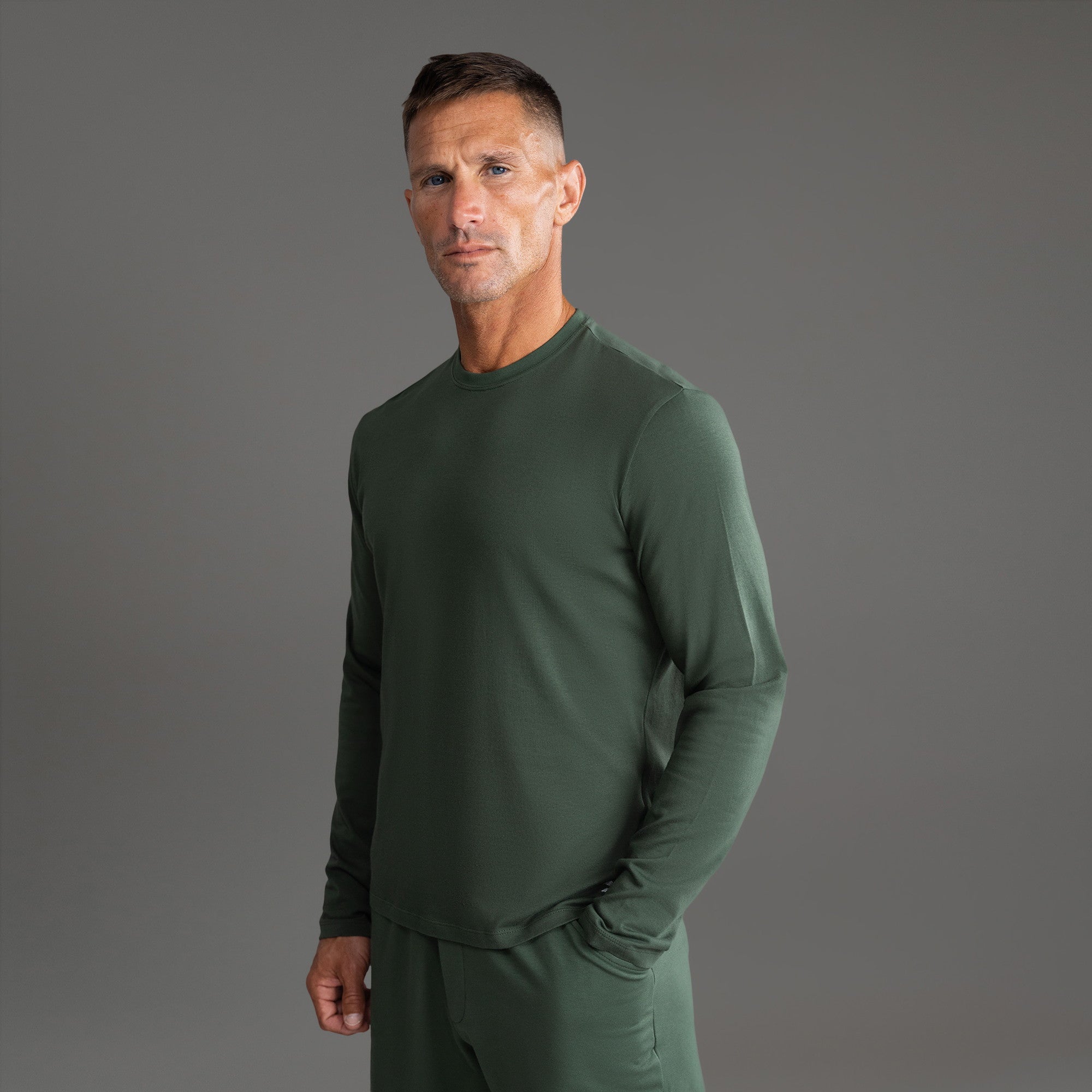 Tags:(6'0" - 180 lbs|Medium) Custom longsleeve t-shirt on model Tyler in Moss