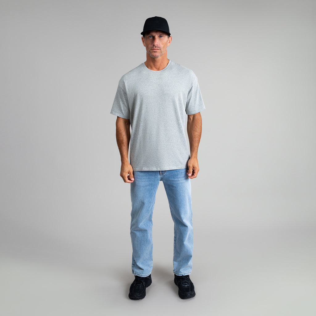 Tags:(6'0" - 180 lbs|Medium) Custom heather gray t-shirt on model Tyler in Heather Gray