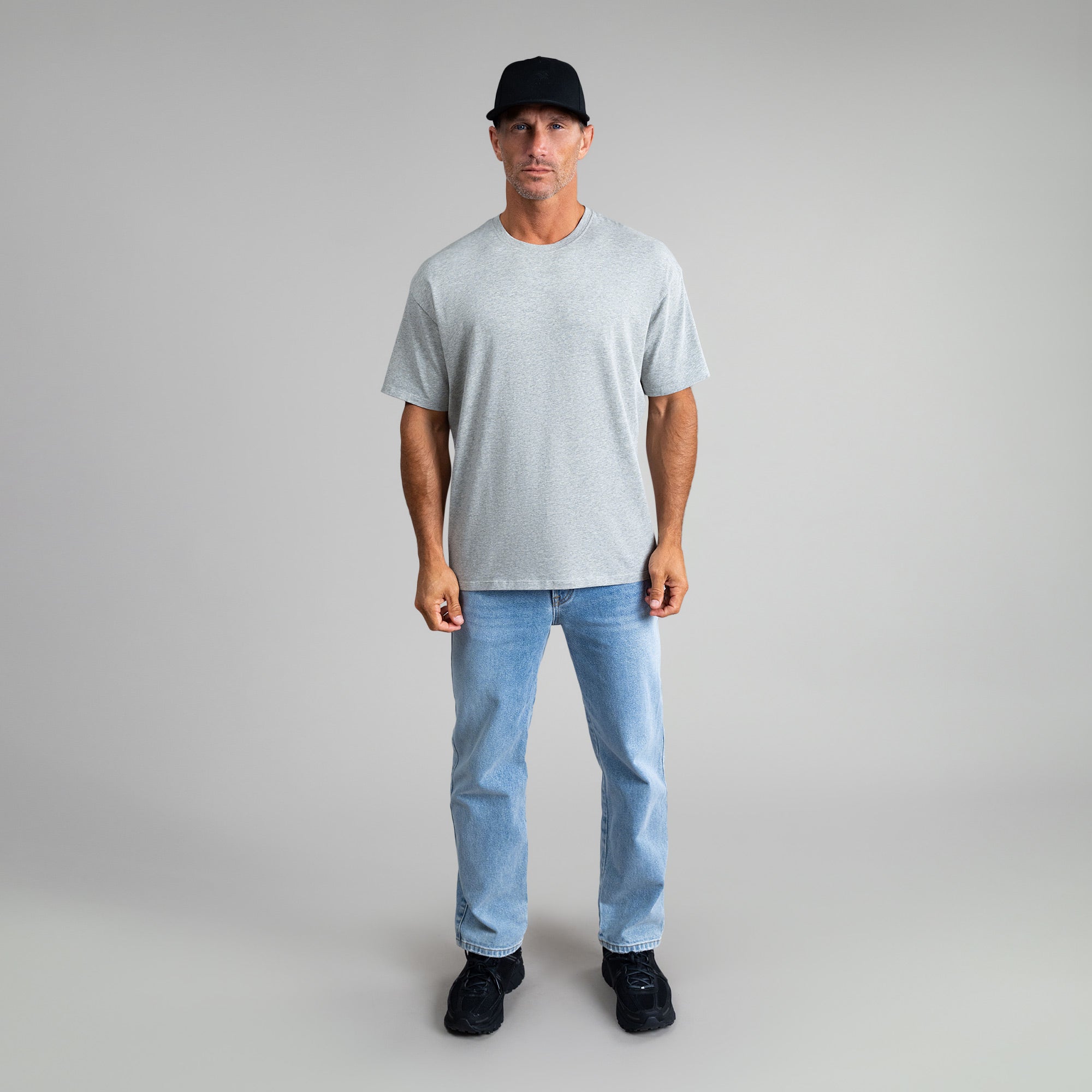 Tags:(6'0" - 180 lbs|Medium) Custom heather gray t-shirt on model Tyler in Heather Gray